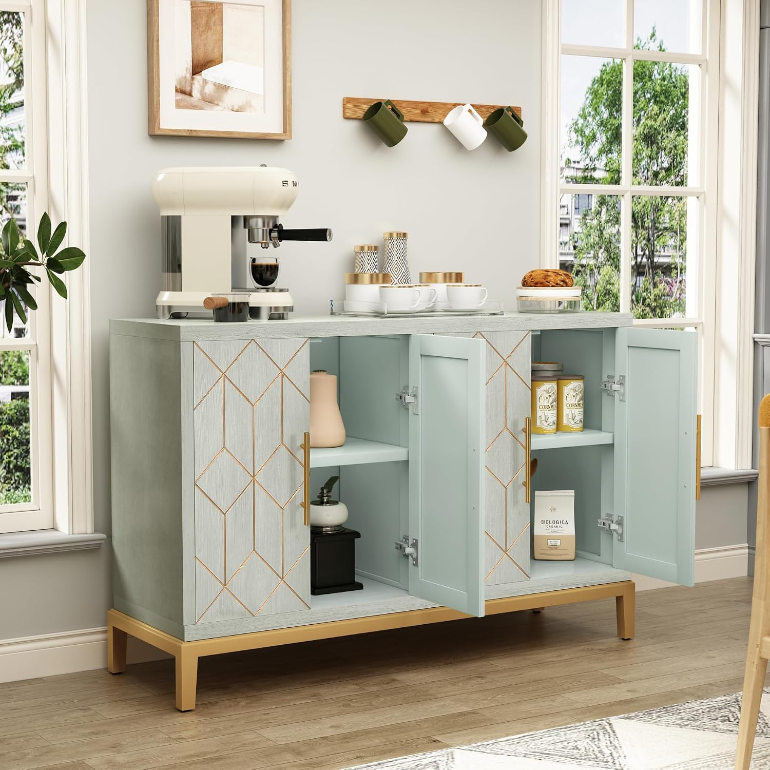 4ドアアクセントキャビネット モダンな彫刻入り装飾ビュッフェ - Office Furniture Credenza のレビューと価格